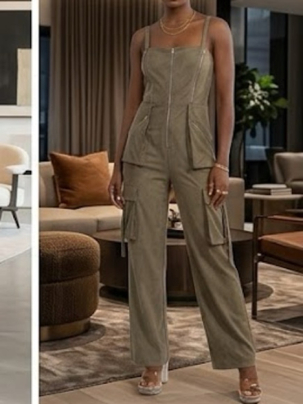 Blogger favorite Olive Cargo Wide Leg Jumpsuit Zip Front Utility Romper Pockets